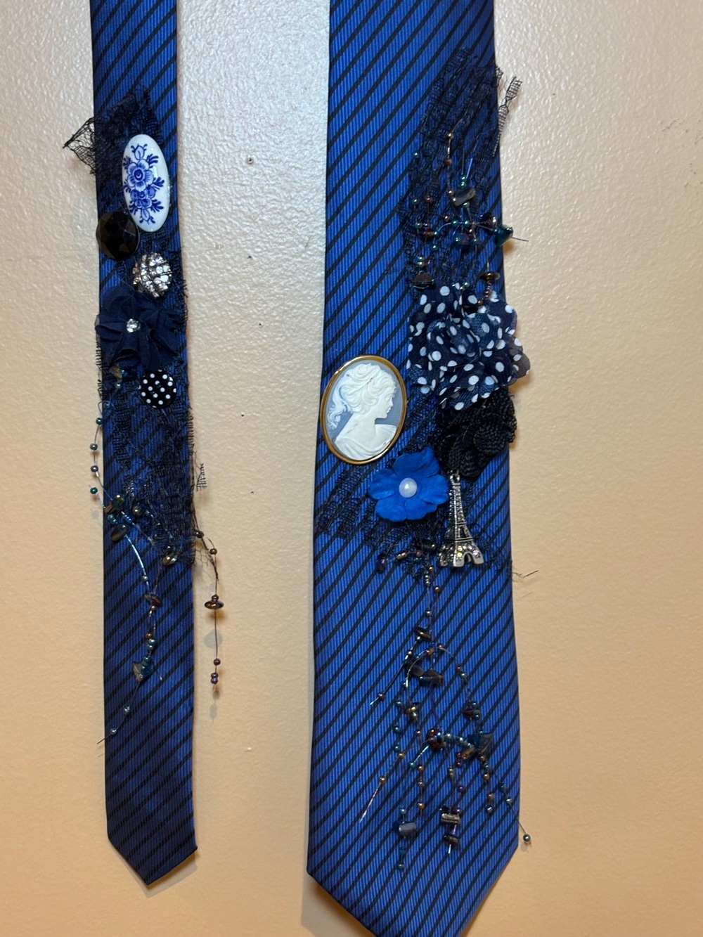 Navy Blue Striped Tie with Vintage Cameo & Beaded Embellishments
